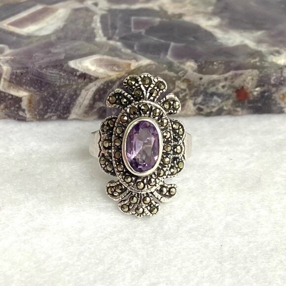 Sterling Silver 925 HAN Thai Oval Amethyst 1" Large Marcasite Ring Sz 6.25 - Picture 12 of 16